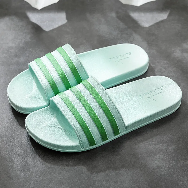 White stripes PVC bathroom slippers for women and men with three-bar stripe design and injection moulded sole