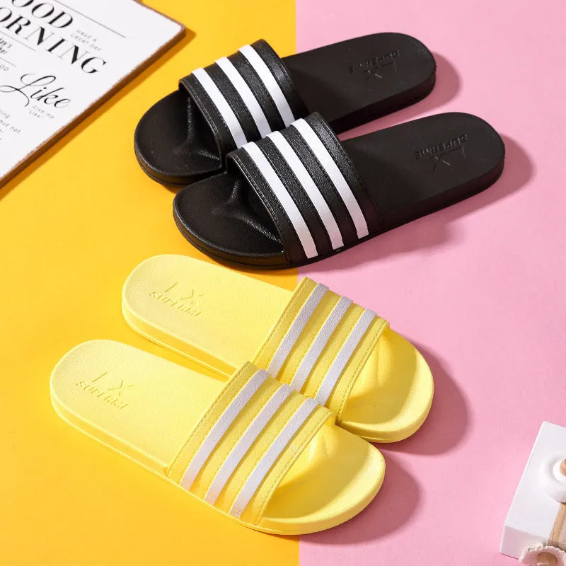White stripes PVC bathroom slippers for women and men with three-bar stripe design and injection moulded sole