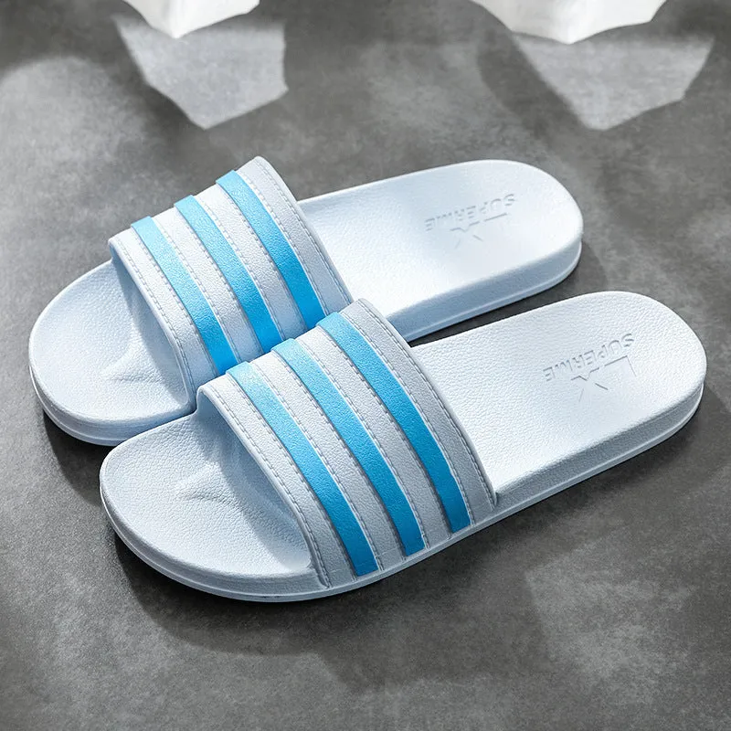 White stripes PVC bathroom slippers for women and men with three-bar stripe design and injection moulded sole
