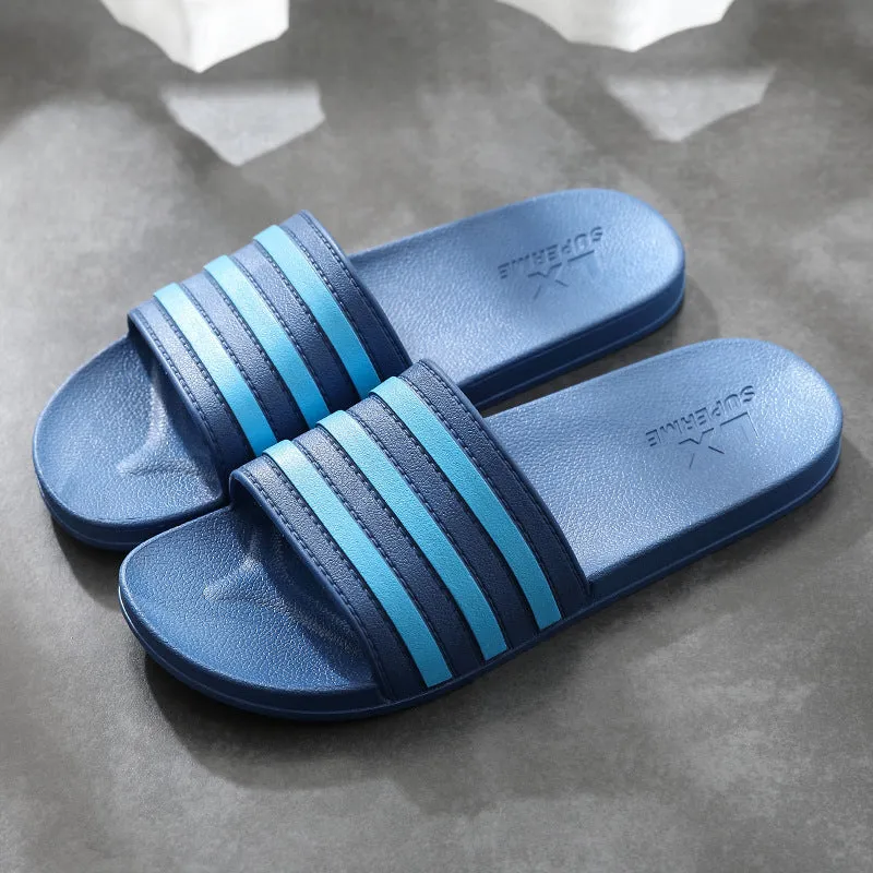 White stripes PVC bathroom slippers for women and men with three-bar stripe design and injection moulded sole