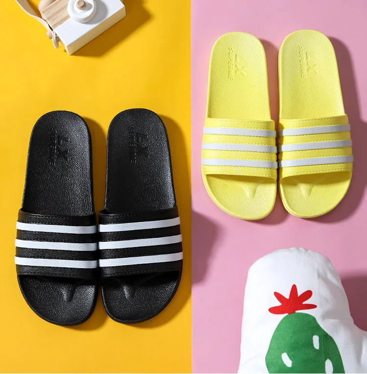 White stripes PVC bathroom slippers for women and men with three-bar stripe design and injection moulded sole