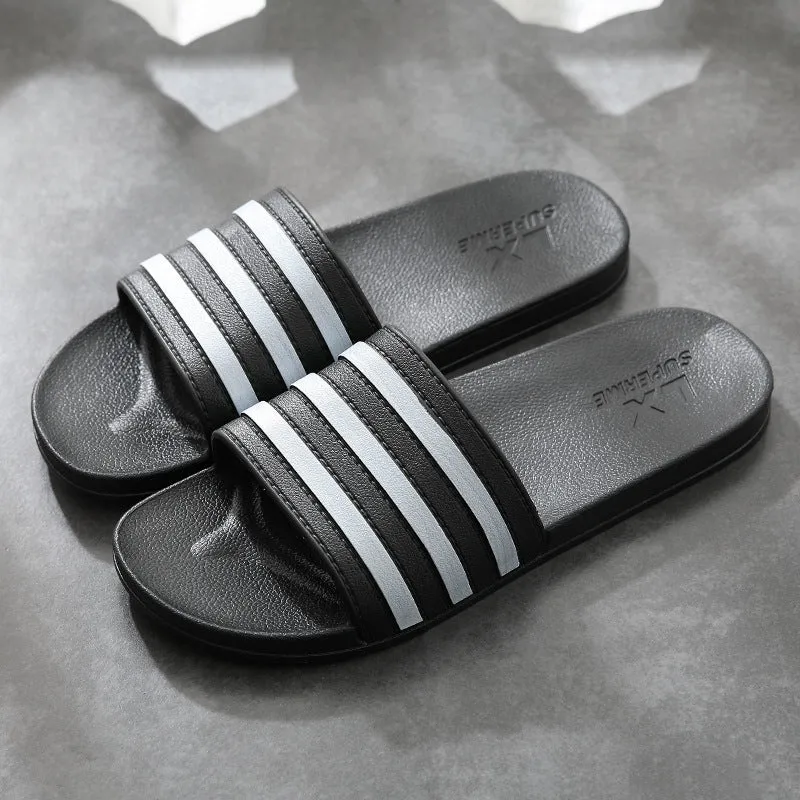 White stripes PVC bathroom slippers for women and men with three-bar stripe design and injection moulded sole