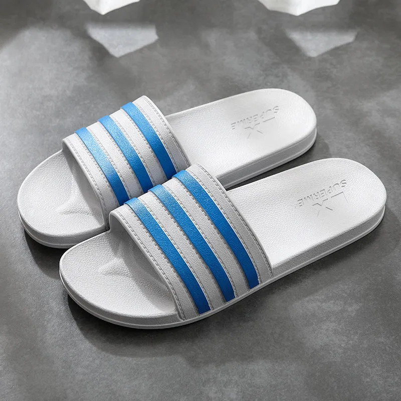 White stripes PVC bathroom slippers for women and men with three-bar stripe design and injection moulded sole