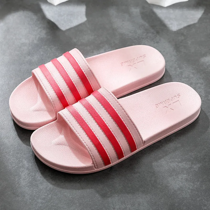 White stripes PVC bathroom slippers for women and men with three-bar stripe design and injection moulded sole