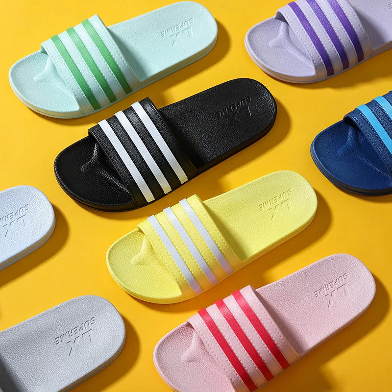 White stripes PVC bathroom slippers for women and men with three-bar stripe design and injection moulded sole