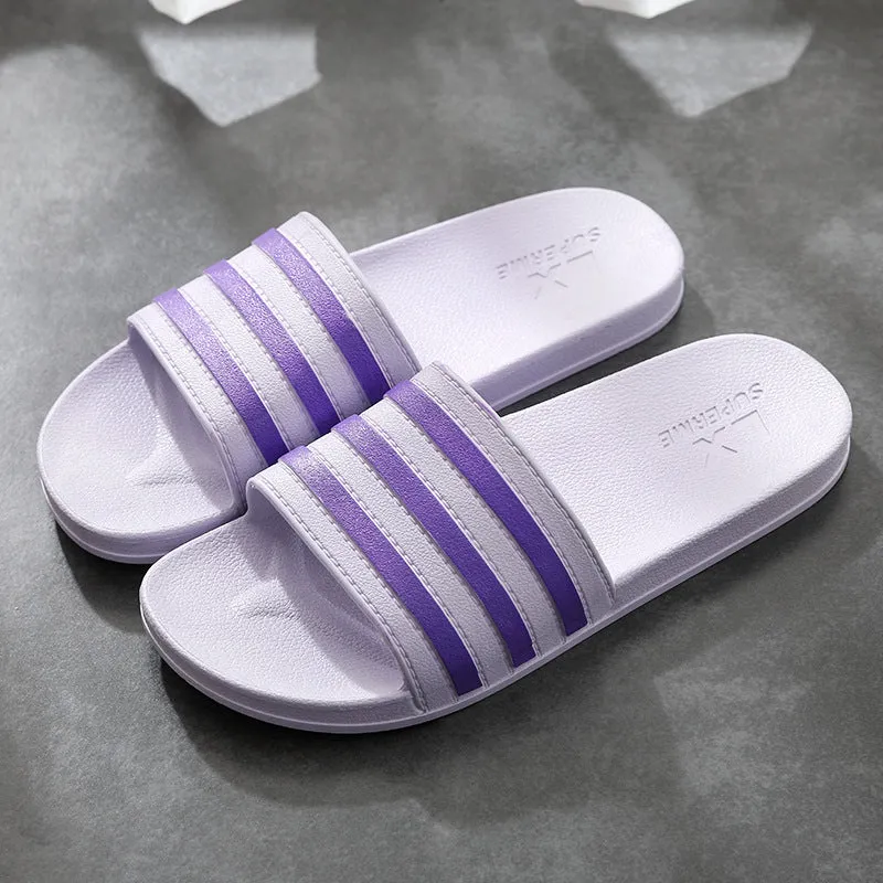 White stripes PVC bathroom slippers for women and men with three-bar stripe design and injection moulded sole