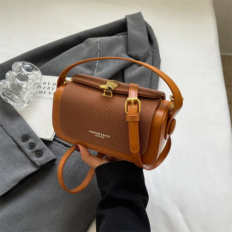 Women's PU leather messenger bag in horizontal square design with contrast stitching