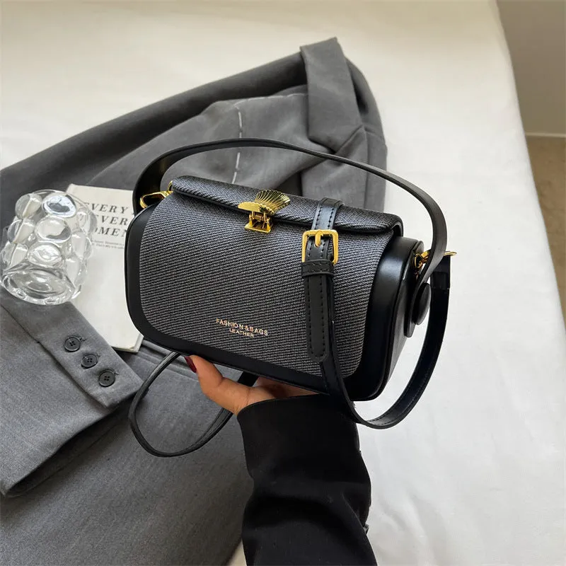 Women's PU leather messenger bag in horizontal square design with contrast stitching