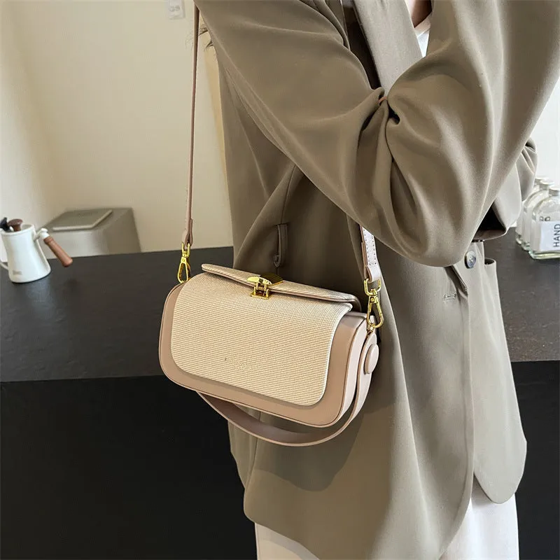 Women's PU leather messenger bag in horizontal square design with contrast stitching