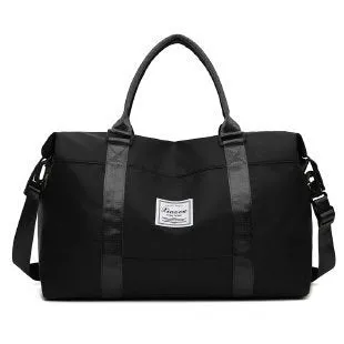 Travel duffel bag in black with soft handle and zipper opening, 20-35L capacity for weekend trips and gym