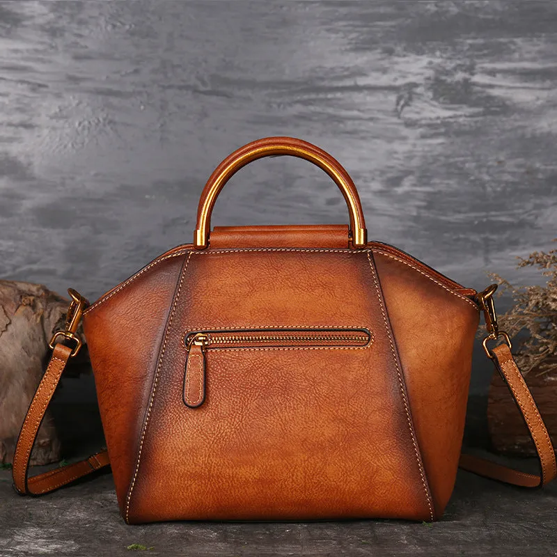Genuine embossed leather messenger top handle bag in Graphite Grey with totem pattern