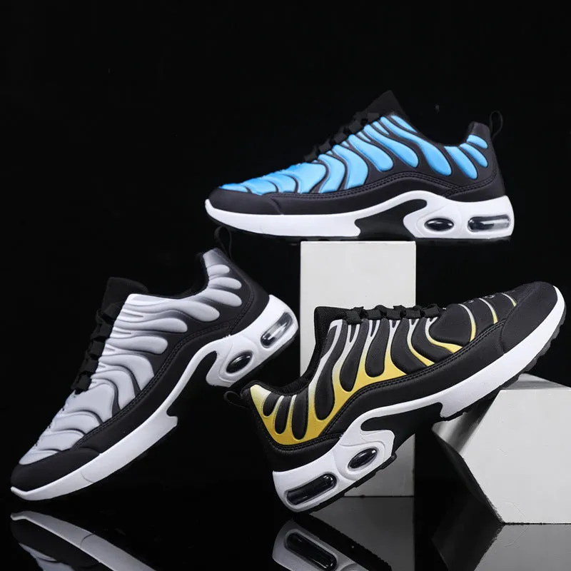 Colour-blocked lace-up sneakers for men with breathable fabric upper, rubber sole, and air cushion support in black and grey