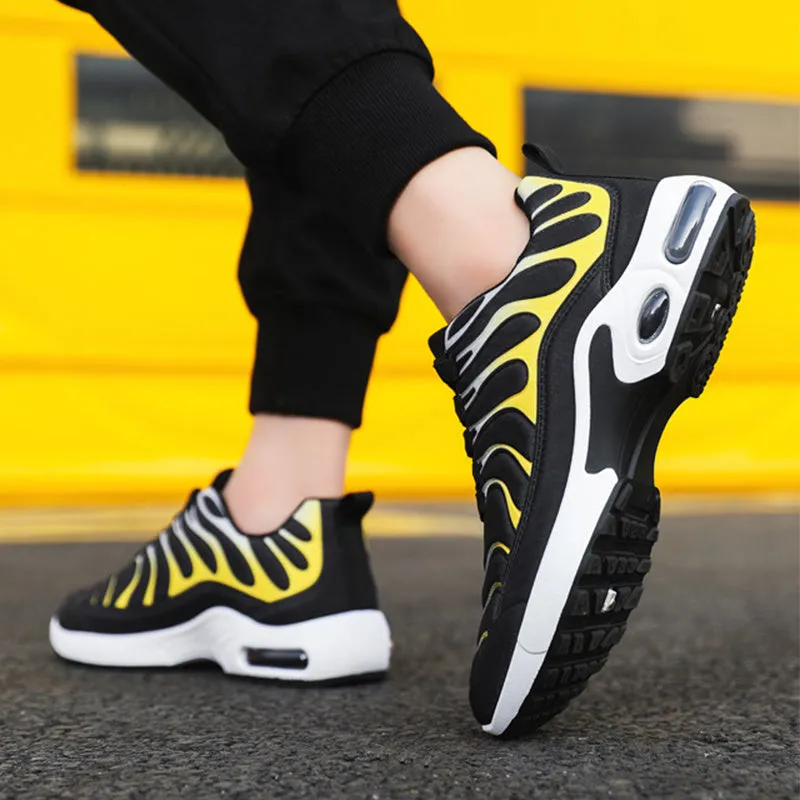 Colour-blocked lace-up sneakers for men with breathable fabric upper, rubber sole, and air cushion support in black and grey