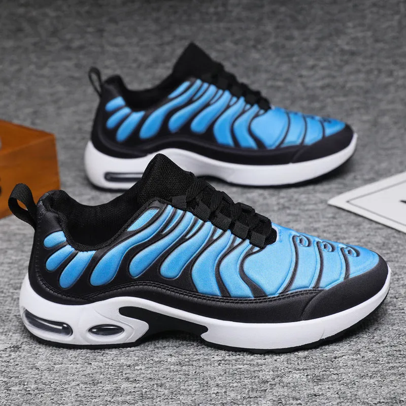 Colour-blocked lace-up sneakers for men with breathable fabric upper, rubber sole, and air cushion support in black and grey