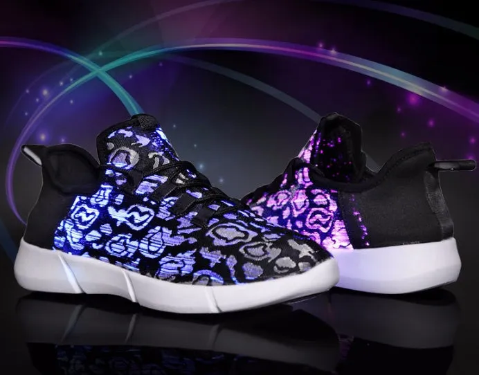 Unisex fiber optic LED shoes with USB rechargeable glowing lights, fly woven cloth upper, EVA sole, casual loafers in black