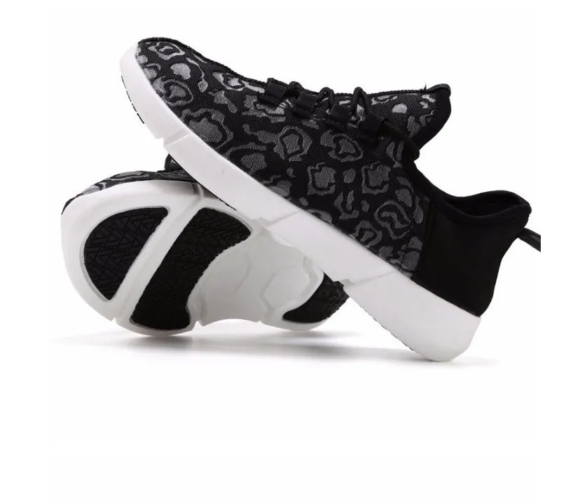Unisex fiber optic LED shoes with USB rechargeable glowing lights, fly woven cloth upper, EVA sole, casual loafers in black