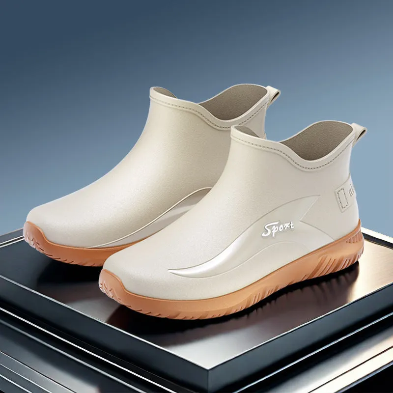 Men's short casual PVC rubber boot in beige colour with flat heel and non-slip sole