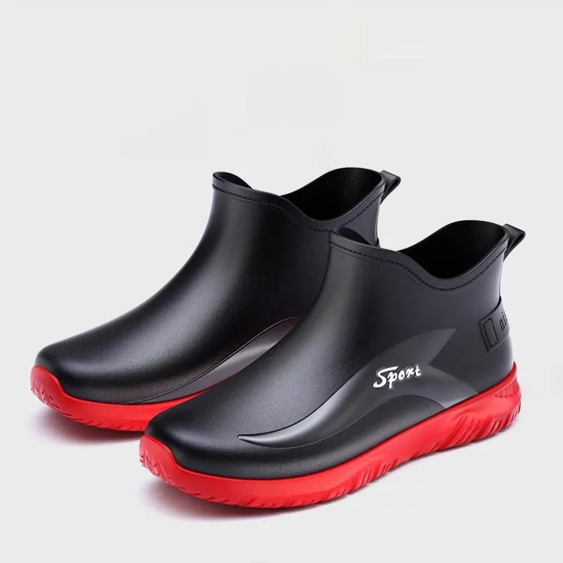 Men's short casual PVC rubber boot in beige colour with flat heel and non-slip sole