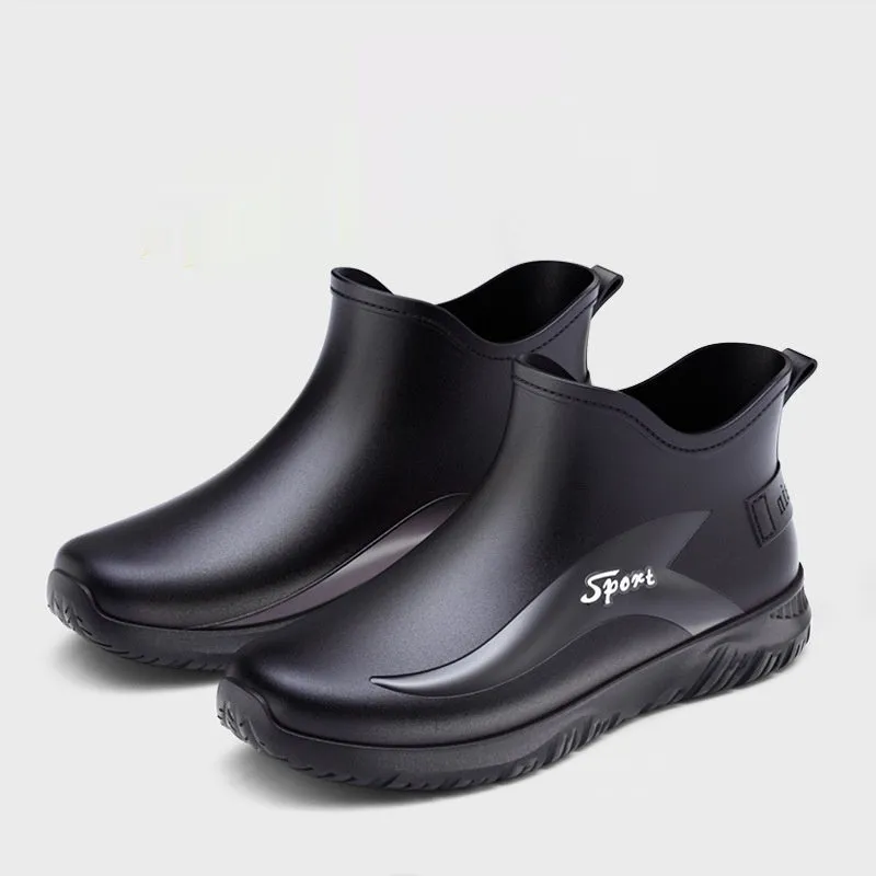 Men's short casual PVC rubber boot in beige colour with flat heel and non-slip sole