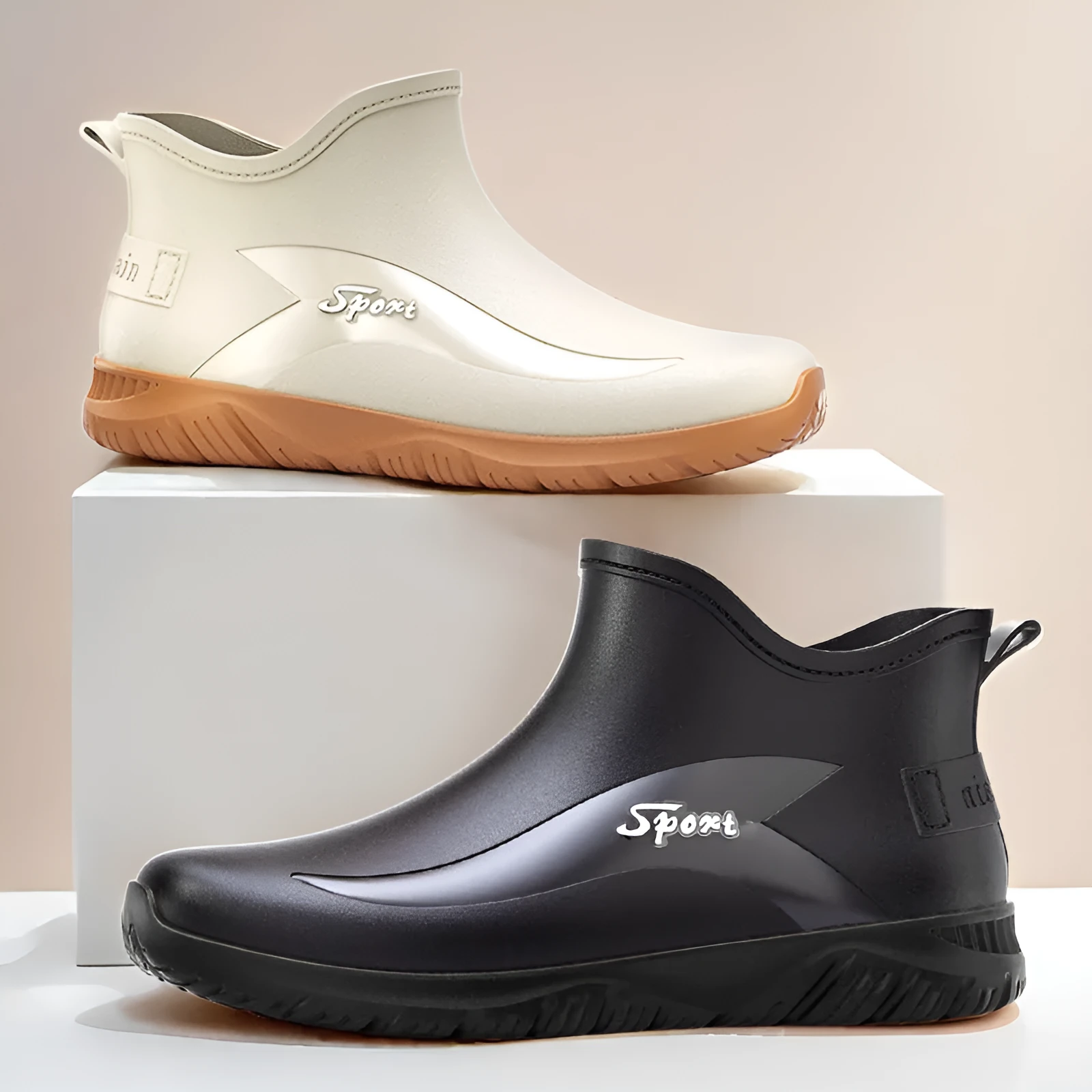 Men's short casual PVC rubber boot in beige colour with flat heel and non-slip sole