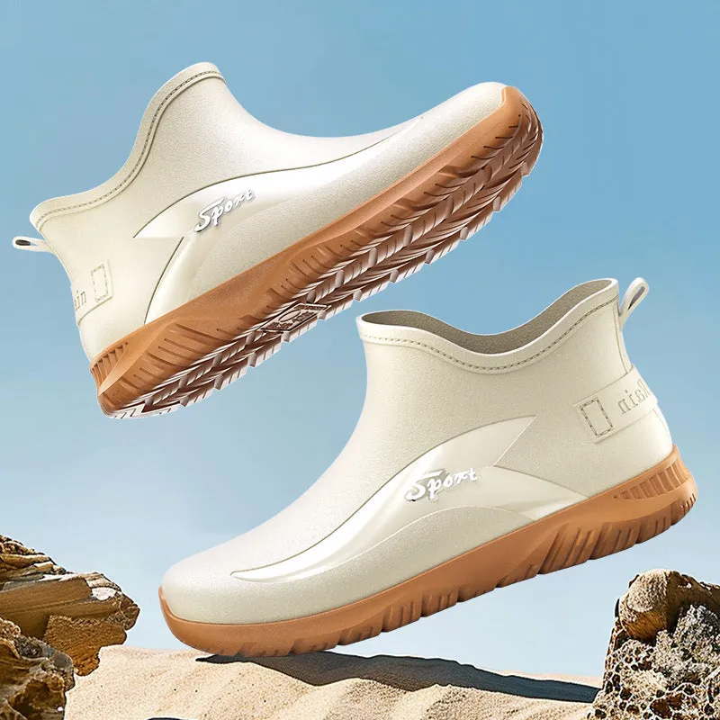 Men's short casual PVC rubber boot in beige colour with flat heel and non-slip sole