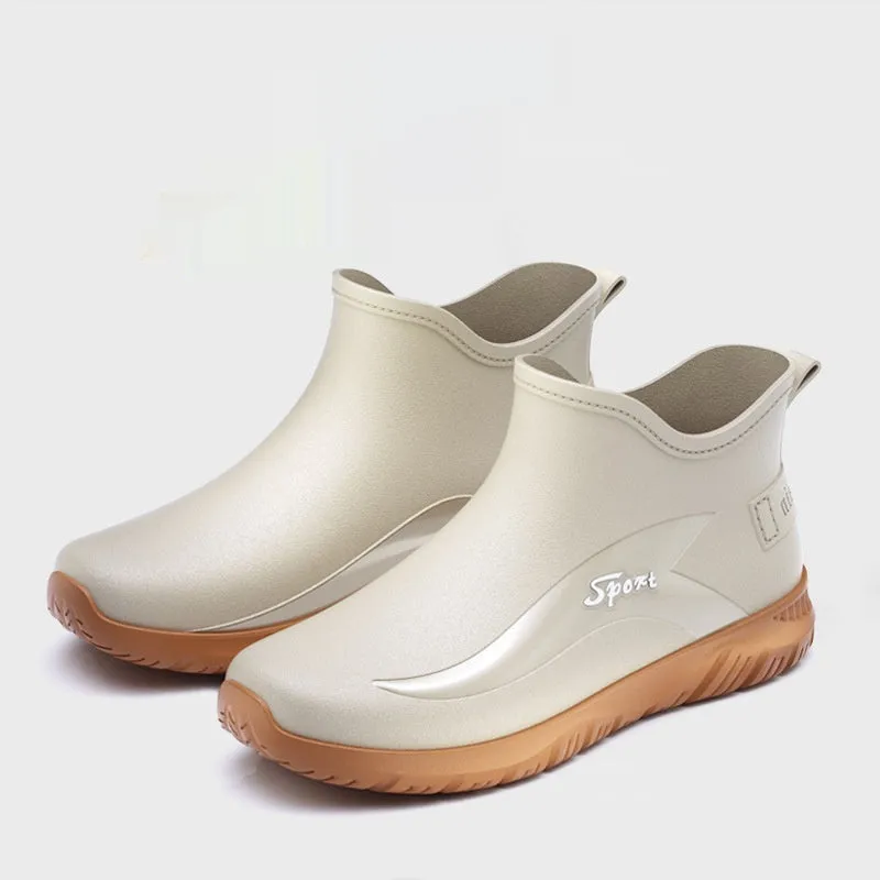 Men's short casual PVC rubber boot in beige colour with flat heel and non-slip sole