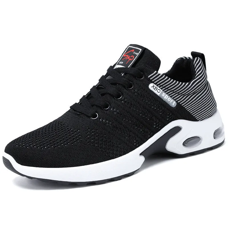 Men's breathable mesh lace-up running sneakers with striped design in black blue colour option