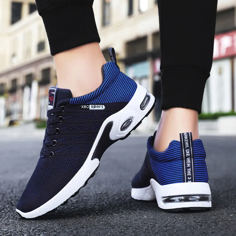 Men's breathable mesh lace-up running sneakers with striped design in black blue colour option