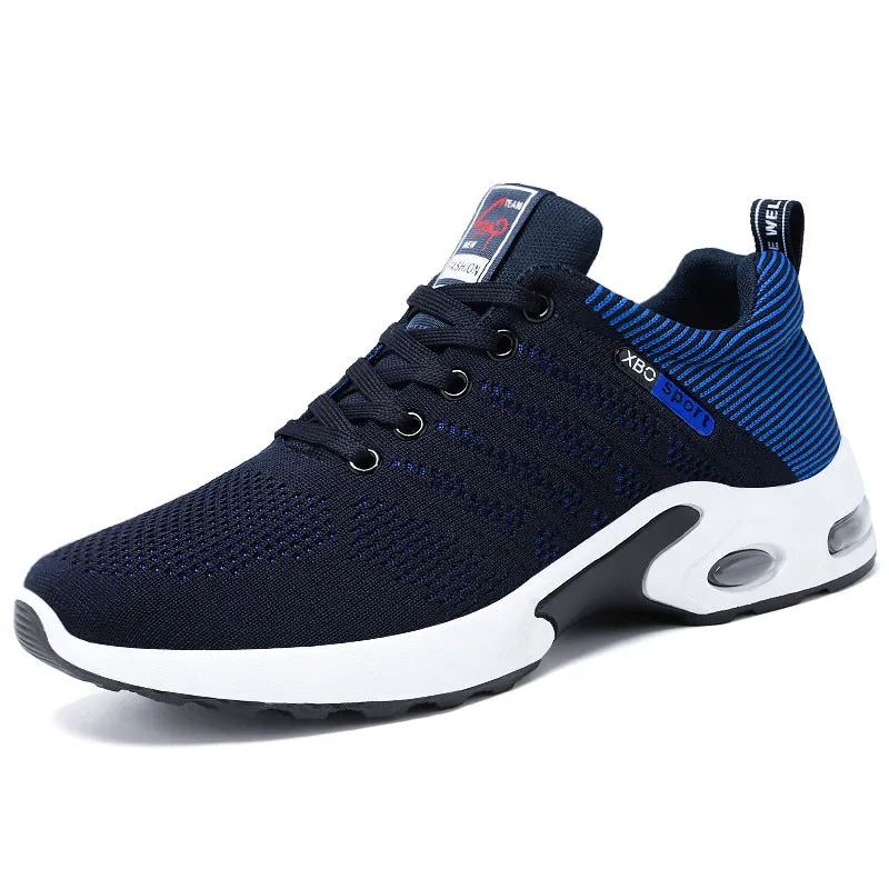 Men's breathable mesh lace-up running sneakers with striped design in black blue colour option