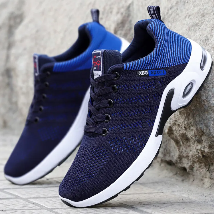 Men's breathable mesh lace-up running sneakers with striped design in black blue colour option