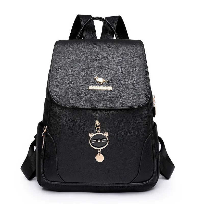 Women's soft PU leather backpack in street trend style with three-dimensional pocket