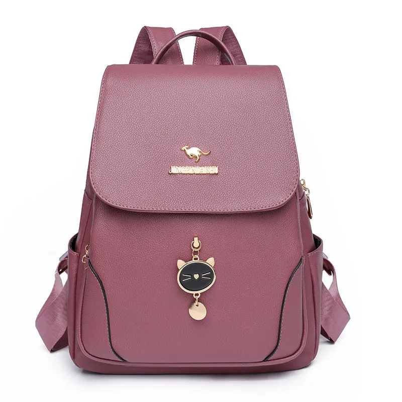 Women's soft PU leather backpack in street trend style with three-dimensional pocket