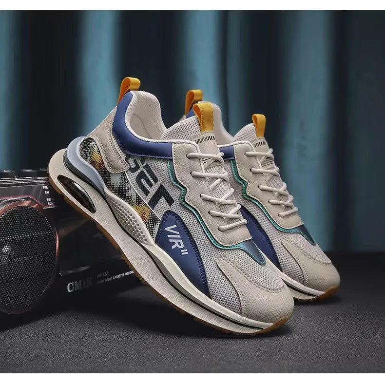 Air cushion mesh sneakers for men, lace up, breathable, non-slip rubber sole, round toe, flat heel, beige colour