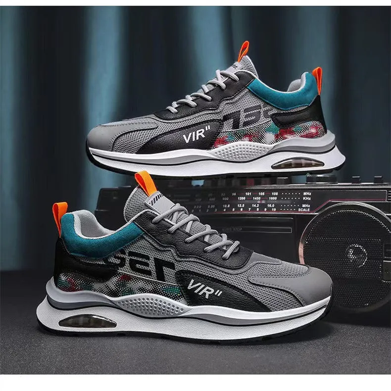 Air cushion mesh sneakers for men, lace up, breathable, non-slip rubber sole, round toe, flat heel, beige colour