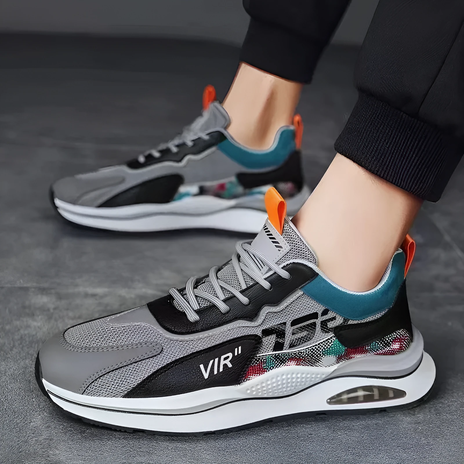 Air cushion mesh sneakers for men, lace up, breathable, non-slip rubber sole, round toe, flat heel, beige colour