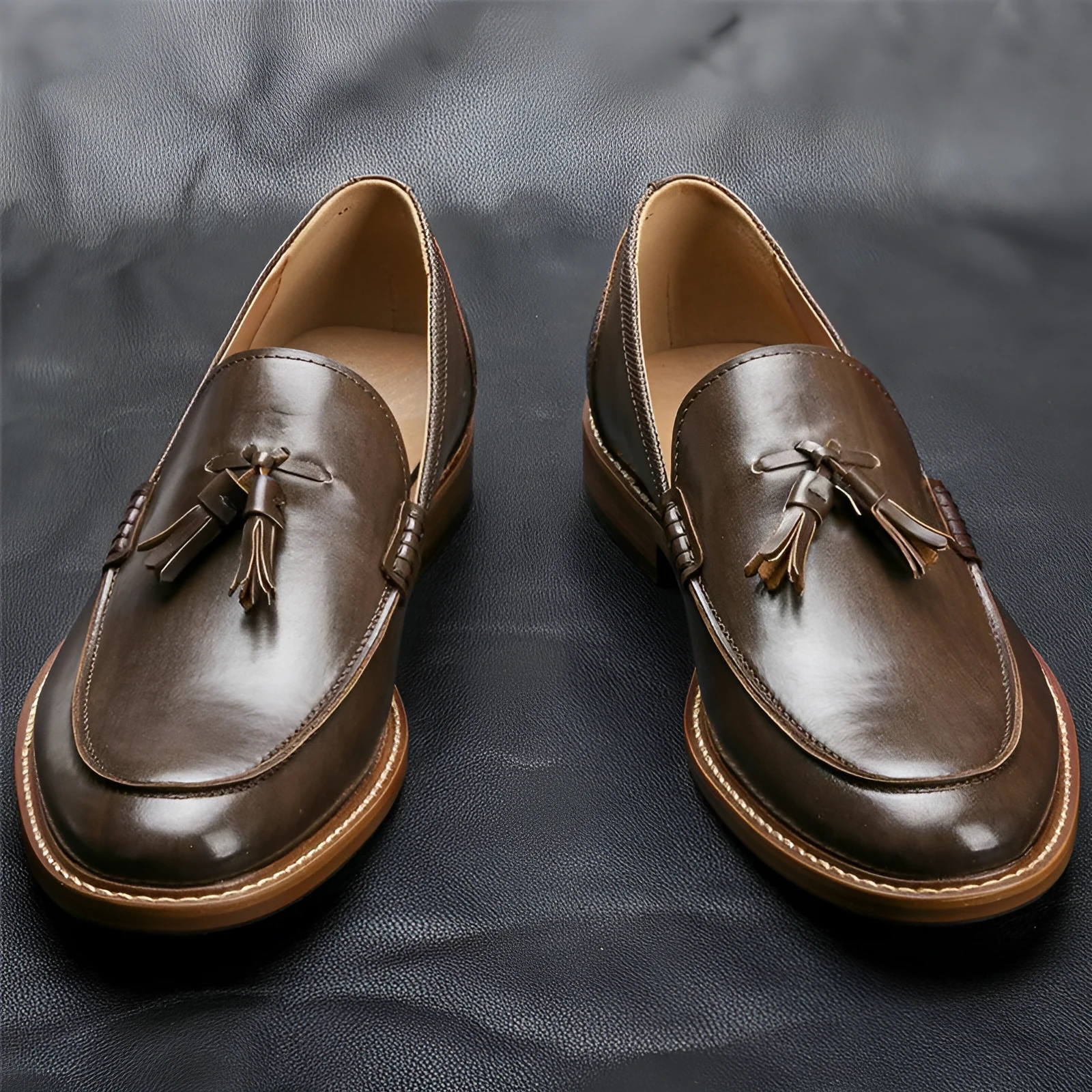 Men's brown formal leather loafers with tassels, PU upper, composite sole, low-cut round toe design on a clean background