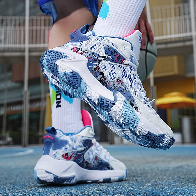 Men's breathable high top basketball shoe graffiti colour block non-slip rubber outsole front tie-up