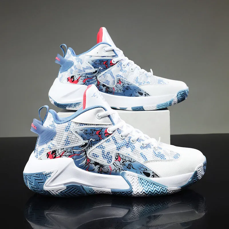 Men's breathable high top basketball shoe graffiti colour block non-slip rubber outsole front tie-up