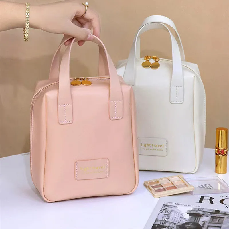 Shell shape PU leather waterproof cosmetic bag in milk apricot white with metal zipper