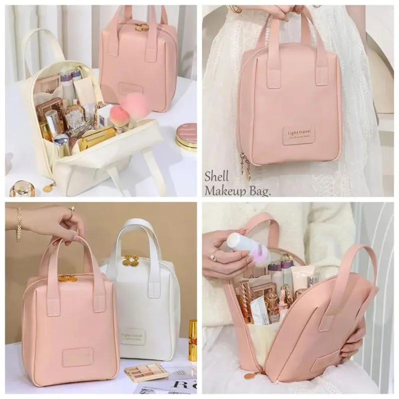 Shell shape PU leather waterproof cosmetic bag in milk apricot white with metal zipper