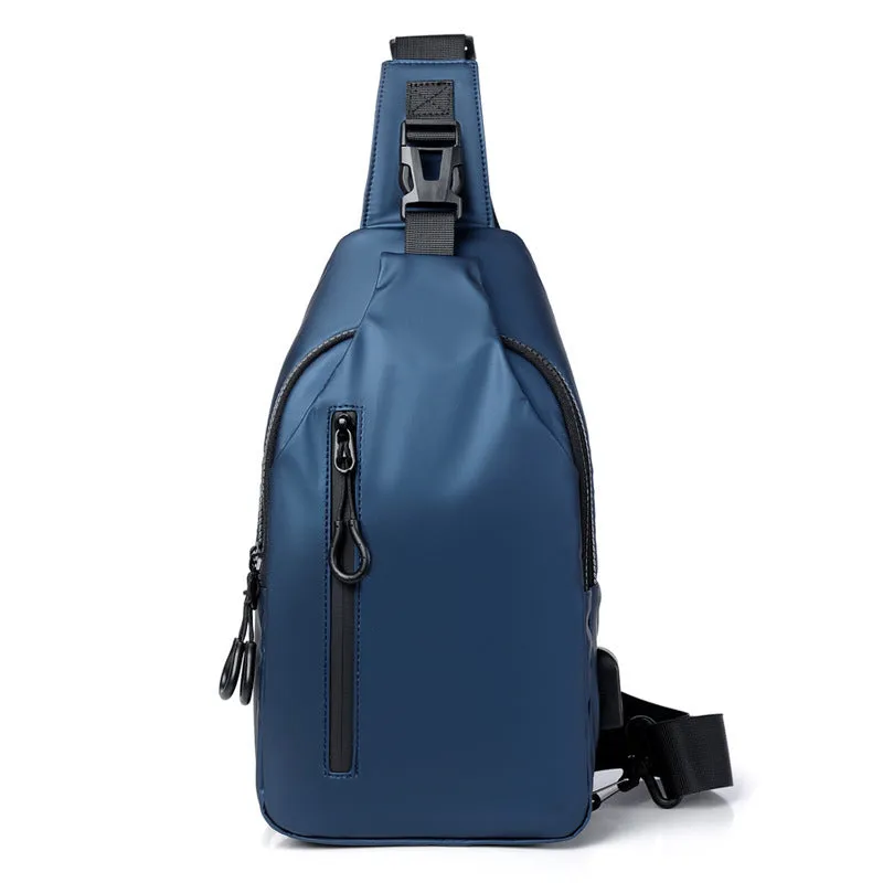 Black sling crossbody backpack for men with zipper and polyester lining, vertical square shape, solid colour design