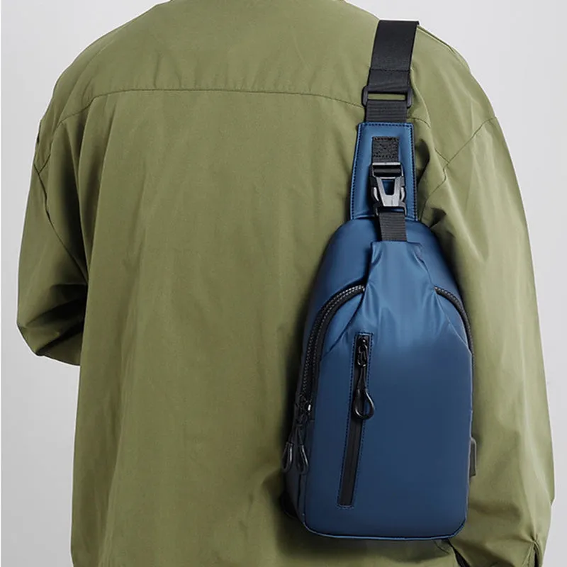 Black sling crossbody backpack for men with zipper and polyester lining, vertical square shape, solid colour design