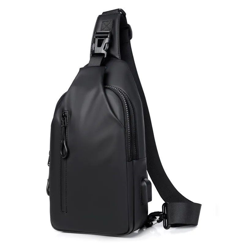 Black sling crossbody backpack for men with zipper and polyester lining, vertical square shape, solid colour design