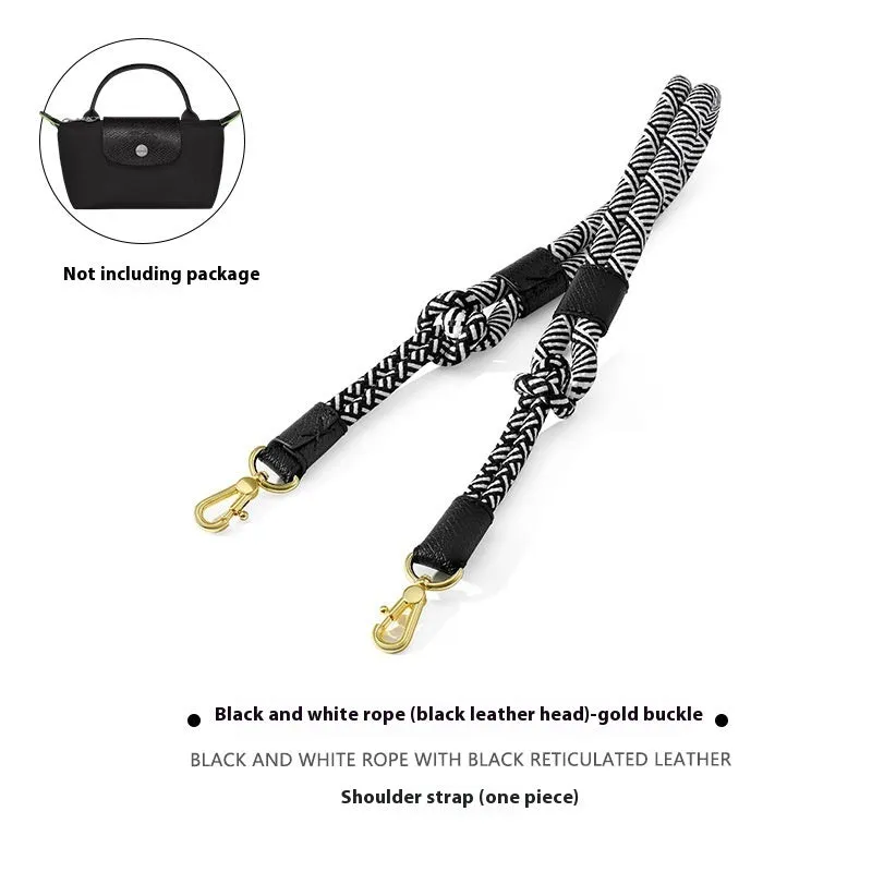 Braided nylon and cowhide rope shoulder strap with alloy buckle in gold or silver, shown in 78cm and 100cm lengths.