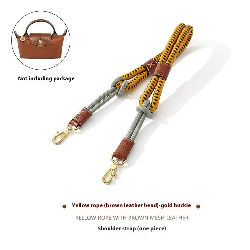 Braided nylon and cowhide rope shoulder strap with alloy buckle in gold or silver, shown in 78cm and 100cm lengths.