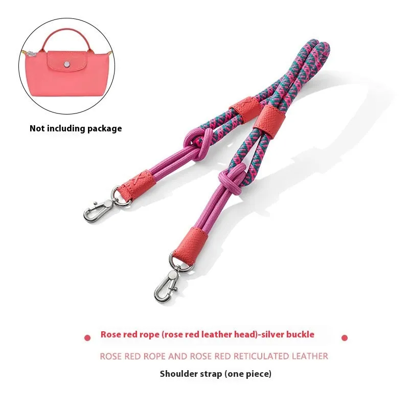 Braided nylon and cowhide rope shoulder strap with alloy buckle in gold or silver, shown in 78cm and 100cm lengths.