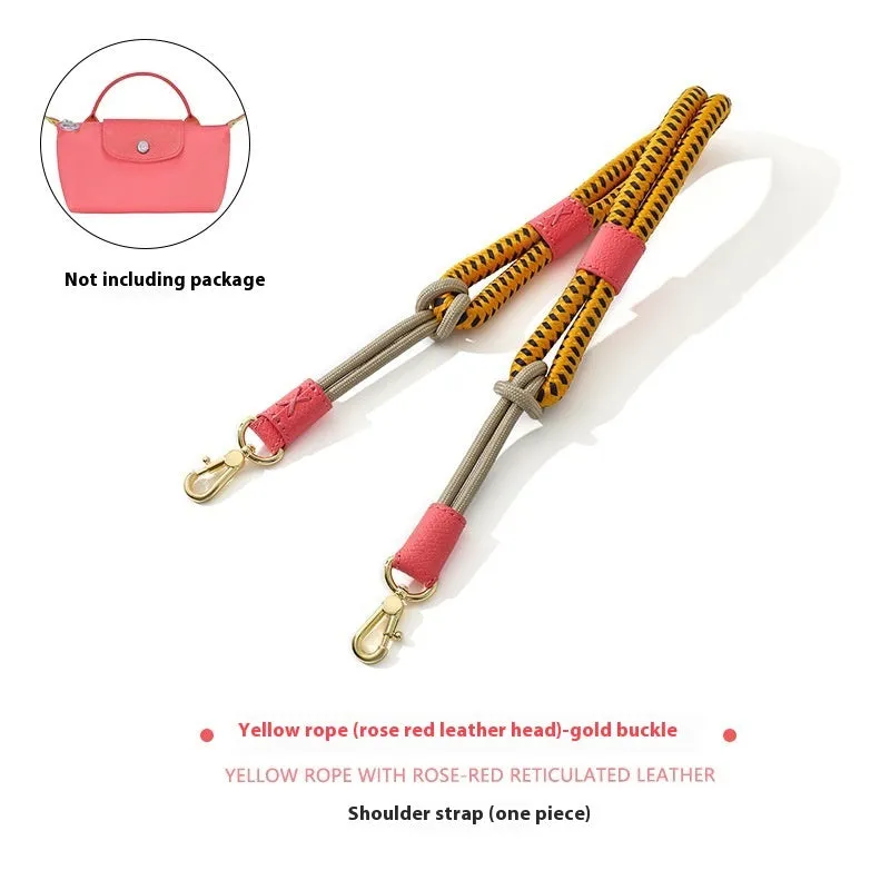 Braided nylon and cowhide rope shoulder strap with alloy buckle in gold or silver, shown in 78cm and 100cm lengths.