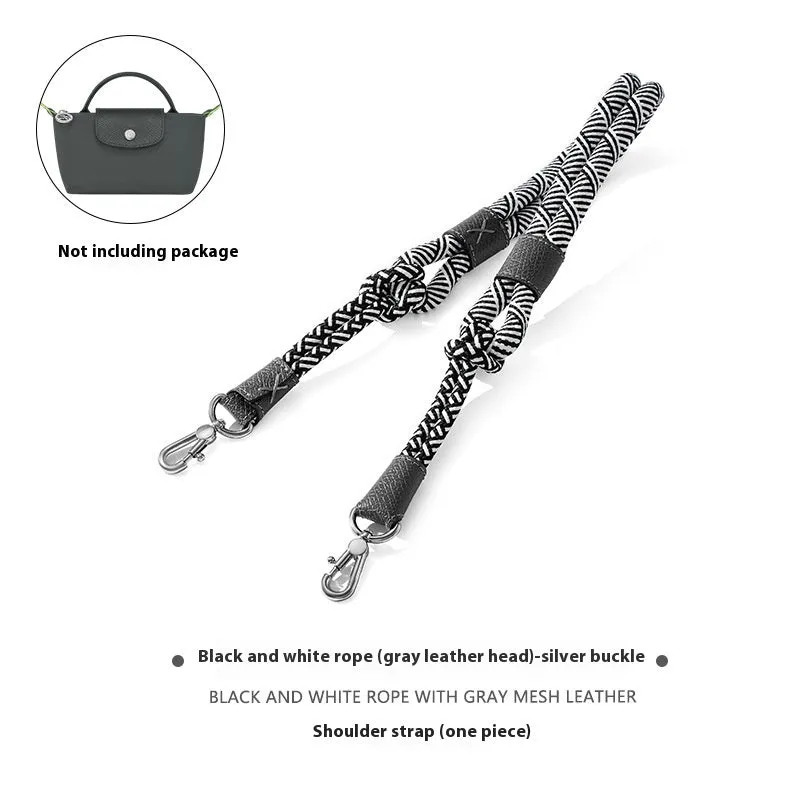Braided nylon and cowhide rope shoulder strap with alloy buckle in gold or silver, shown in 78cm and 100cm lengths.