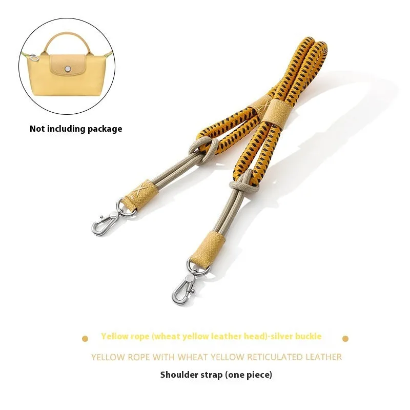Braided nylon and cowhide rope shoulder strap with alloy buckle in gold or silver, shown in 78cm and 100cm lengths.