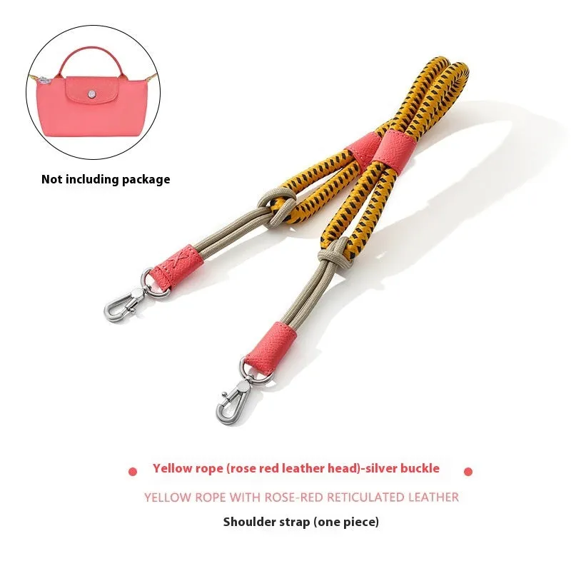 Braided nylon and cowhide rope shoulder strap with alloy buckle in gold or silver, shown in 78cm and 100cm lengths.